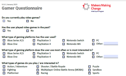 A screenshot of the gaming questionnaire. Several questions with boxes for text or checkboxes.