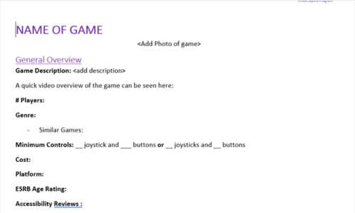 A screenshot of the documentation of a game template.