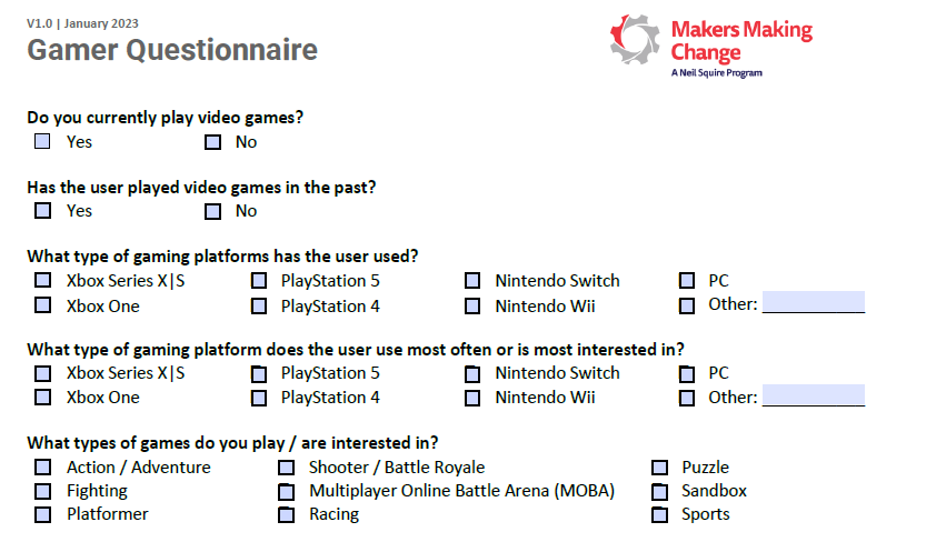 A screenshot of the PDF questionnaire with checkable boxes and sections to fill out text.