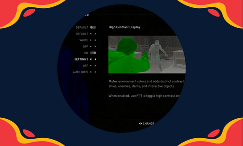 A graphic with red and yellow blobs in all 4 corners of the rectangle with a circular photo in the center showing a screenshot from The Last of Us in the settings menue and showing a preview of the game in high contrast mode.