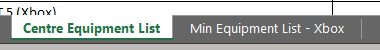 Screenshot of the bottom of the Excel sheet showing the page titles reading Centre Equipment List and Min Equipment List Xbox