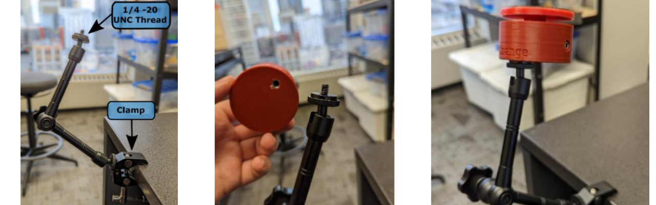 three images. One showing a arm with labeled points of clamp and 1/4-20 thread. a photo showing a thread on the bottom of a swtich. The third photo with them attached together by the thread.