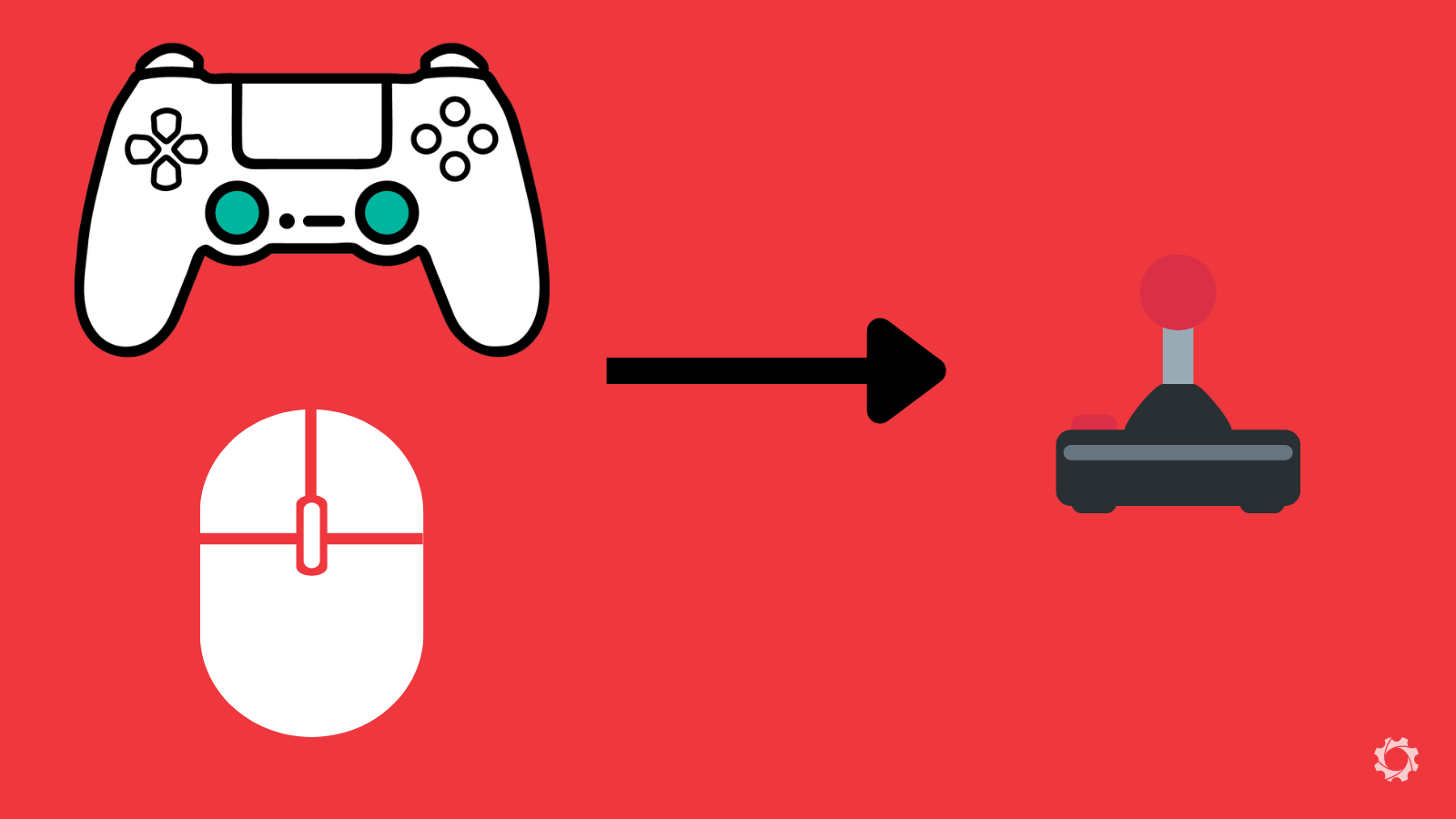 Graphic showing joysticks on a controller and mice being converted to assistive joysticks