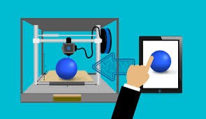 Cartoon showing a ball on the screen of a tablet, with a hand moving the ball to a 3D printer on the left.