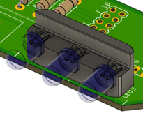 A view of the Open Playback Recorder top PCB with the 3 LEDs held in place with a spacer and bent 90 degrees