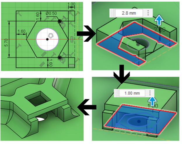 A flowchart of the creation of a mounting slot for an M3 nut. The first image is the sketch used, the second image is the first extrude of the walls, the third image is the extrude of the top, and the final image is the final slot after chamfers and filets have been applied.