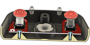 A cross section of the lipsync hub showing the PCB screwed into place. 