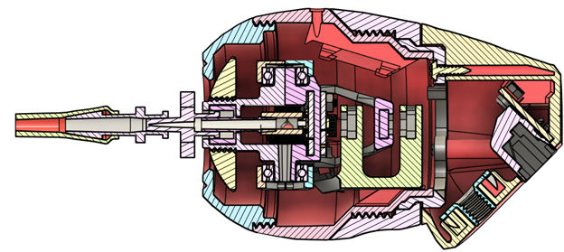 A cross sectional view of the LipSync joystick, showing the internal threads used. 