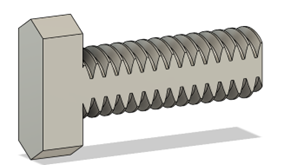 A CAD render of a bolt with the sides sliced off to allow for better 3D printing. 