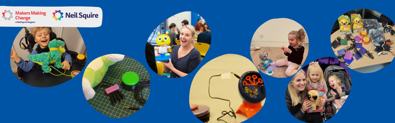 decorative banner showing various adapted toys/kids playing with them